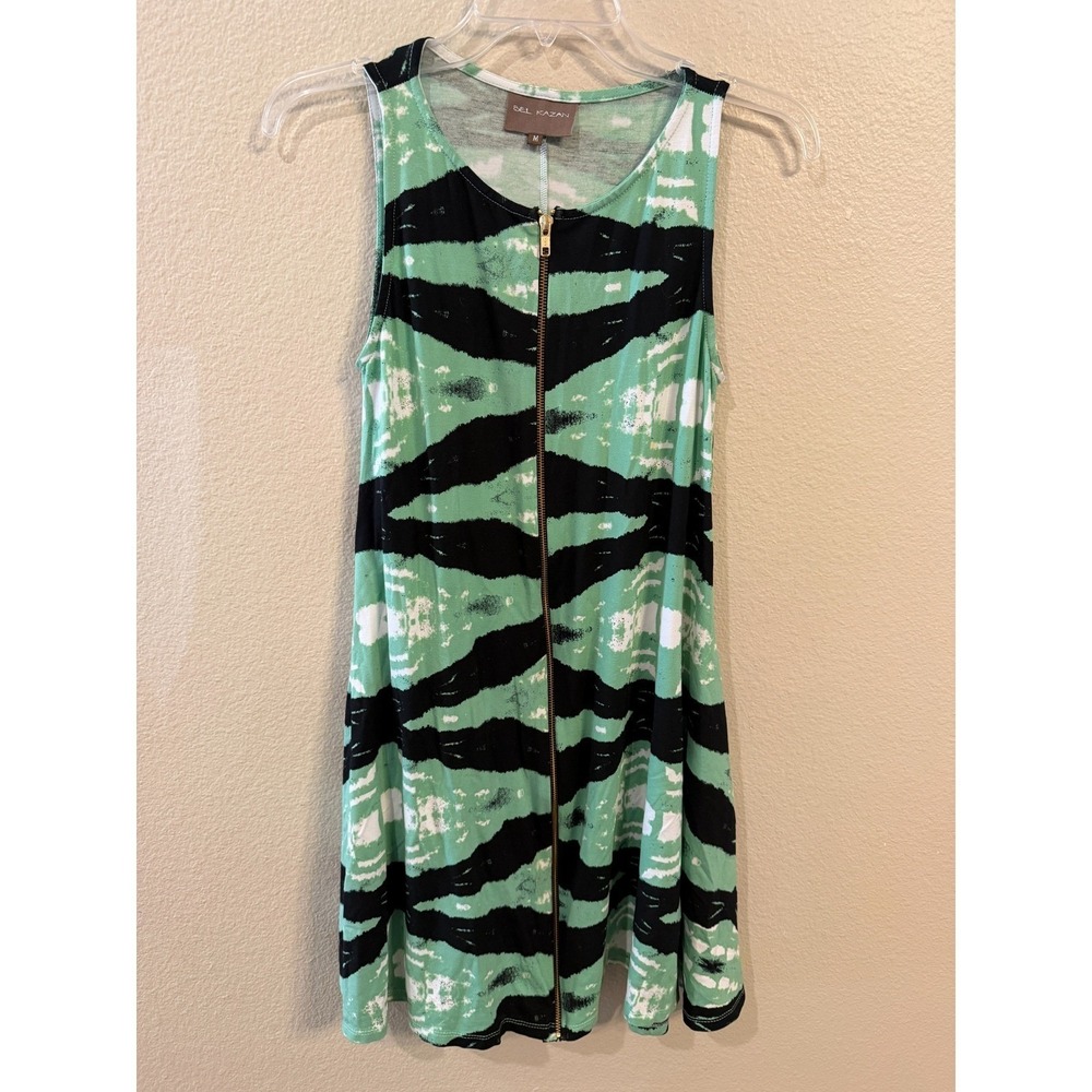 BEL KAZAN Women's Green Black White Tie Dye Print Sleeveless Zipper Dress Size M